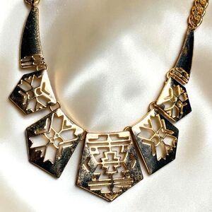 Retro Geometric Necklace Gold-tone Chain Avant Garde Bold Aztec Southwestern